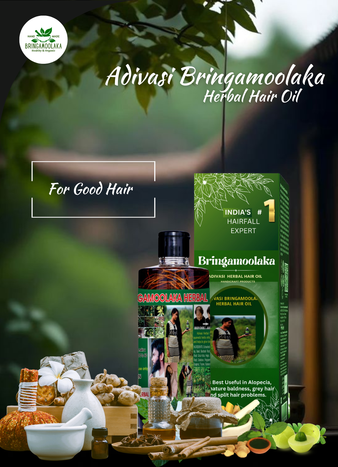 Adivasi Bringamoolaka Herbal Hair Oil - 500 ML 3 Month course