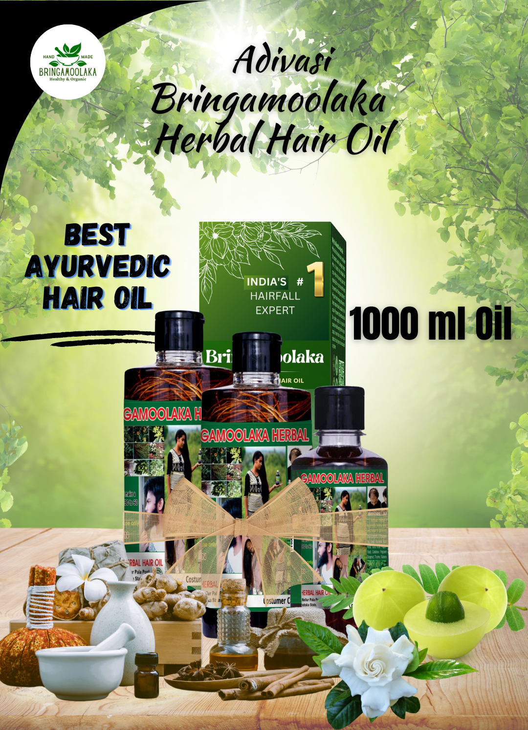 Adivasi Bringamoolaka Herbal Hair Oil 1000ml  FULL COURSE