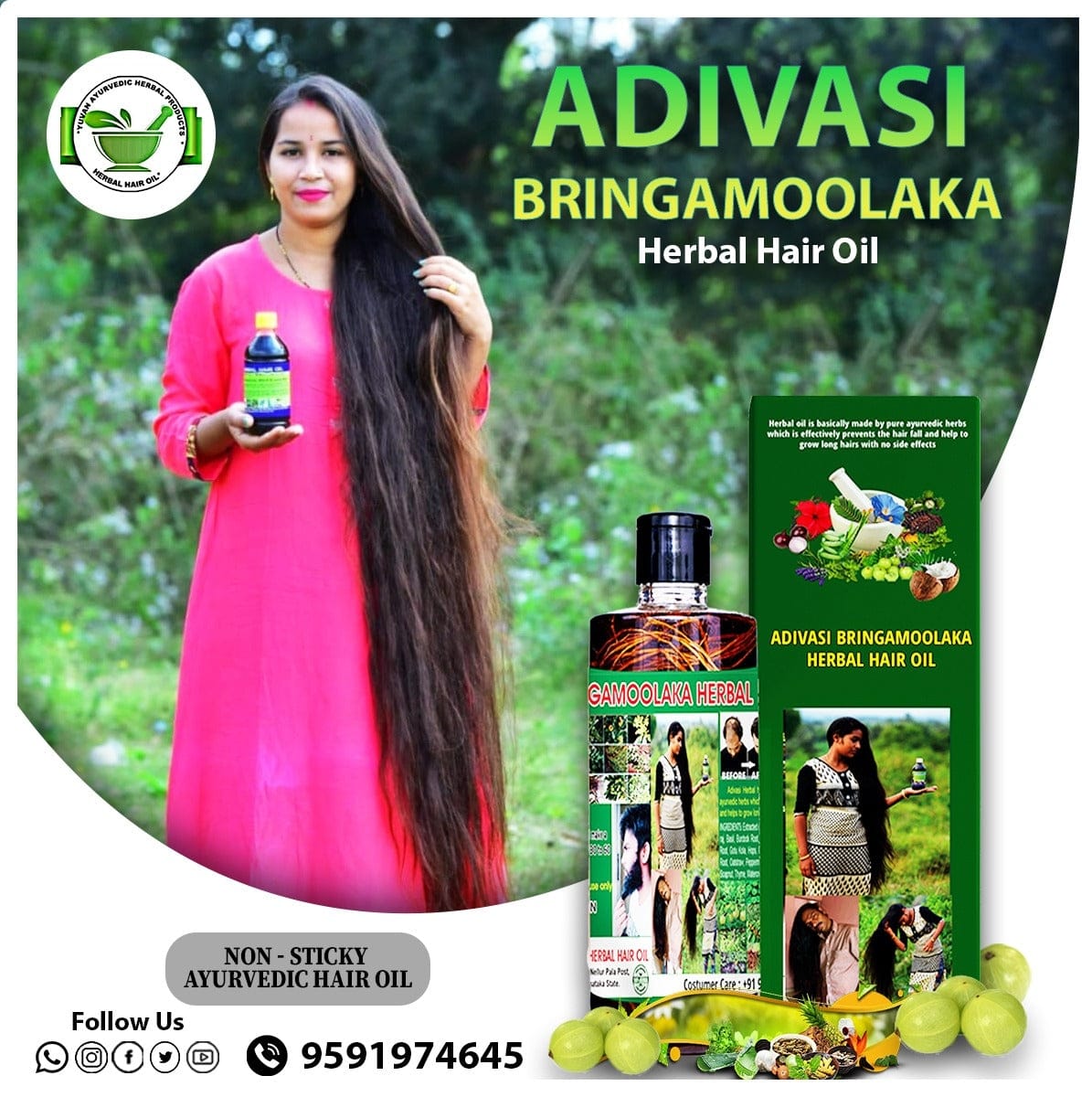 Adivasi Bringamoolaka Herbal Hair Oil - 500 ML 3 Month course